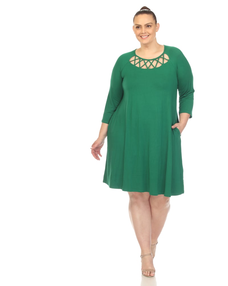Front of a model wearing a size 3X White Mark Women's Criss Cross Neckline Swing Midi Dress in Green by White Mark. | dia_product_style_image_id:291927